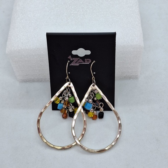 Zad Womens Fish Hook Faux Jeweled Dangle Earrings Textured Silver tone Boho Chic - Picture 3 of 5